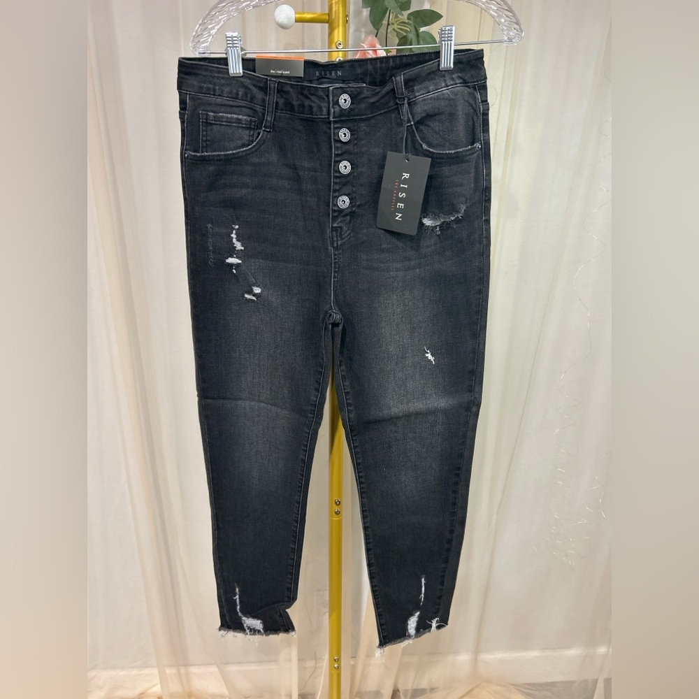 RISEN High Waist Button Fly Distressed Ankle Skinny Jeans Black